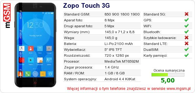 Dane telefonu Zopo Touch 3G Dane telefonu Zopo Touch 3G
