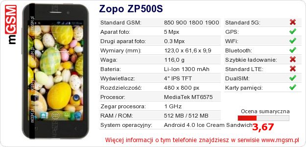 Dane telefonu Zopo ZP500S