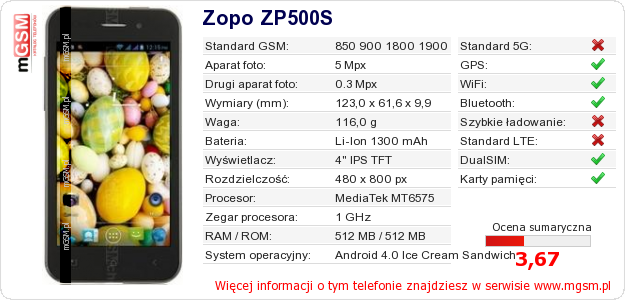 Dane telefonu Zopo ZP500S Dane telefonu Zopo ZP500S