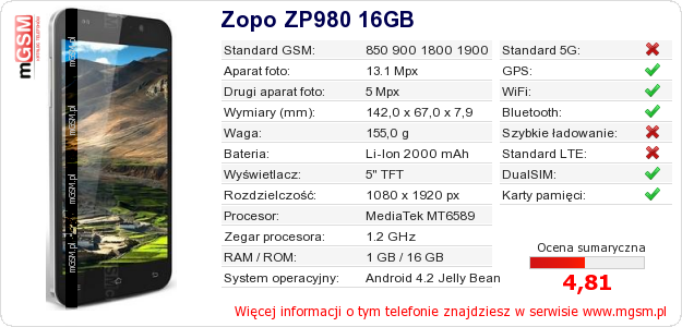 Dane telefonu Zopo ZP980 16GB Dane telefonu Zopo ZP980 16GB