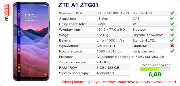Dane telefonu ZTE A1 ZTG01