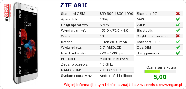 Dane telefonu ZTE A910