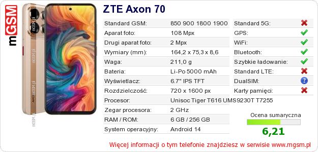 Dane telefonu ZTE Axon 70