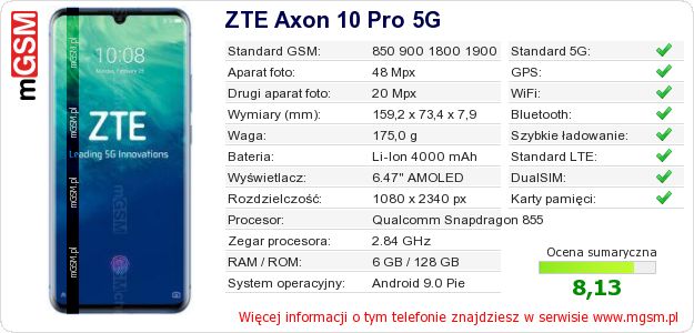 Dane telefonu ZTE Axon 10 Pro 5G