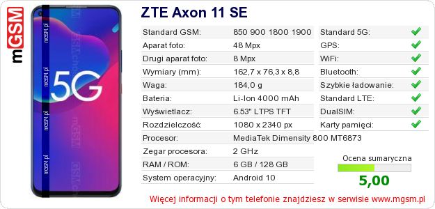 Dane telefonu ZTE Axon 11 SE Dane telefonu ZTE Axon 11 SE