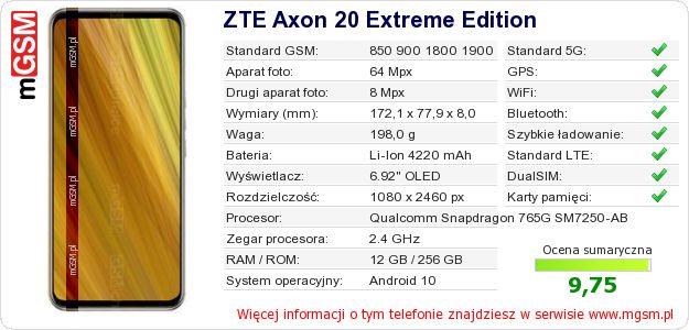Dane telefonu ZTE Axon 20 Extreme Edition
