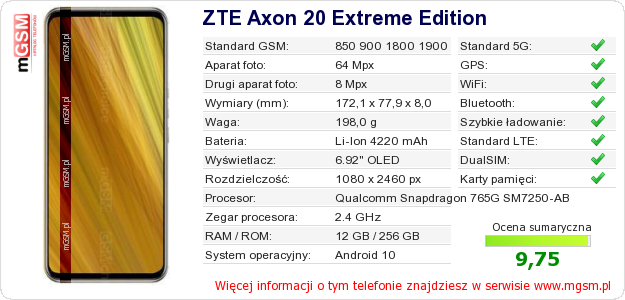 Dane telefonu ZTE Axon 20 Extreme Edition Dane telefonu ZTE Axon 20 Extreme Edition