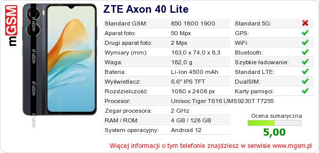 Dane telefonu ZTE Axon 40 Lite Dane telefonu ZTE Axon 40 Lite