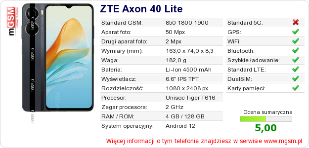 Dane telefonu ZTE Axon 40 Lite Dane telefonu ZTE Axon 40 Lite