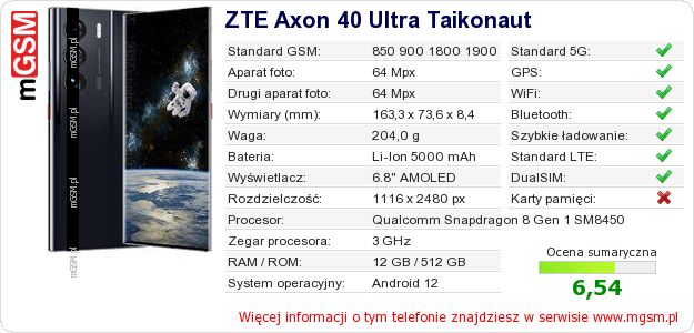 Dane telefonu ZTE Axon 40 Ultra Taikonaut Dane telefonu ZTE Axon 40 Ultra Taikonaut