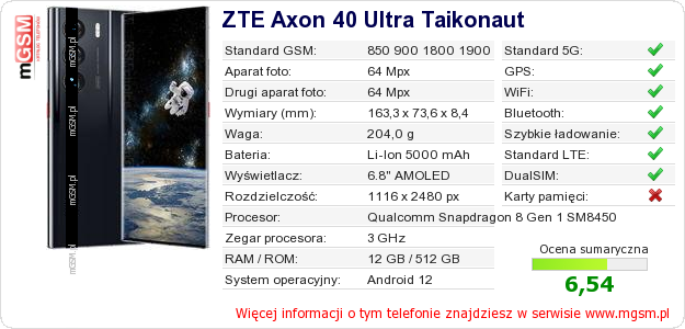 Dane telefonu ZTE Axon 40 Ultra Taikonaut Dane telefonu ZTE Axon 40 Ultra Taikonaut