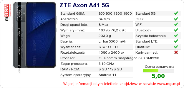 Dane telefonu ZTE Axon A41 5G Dane telefonu ZTE Axon A41 5G
