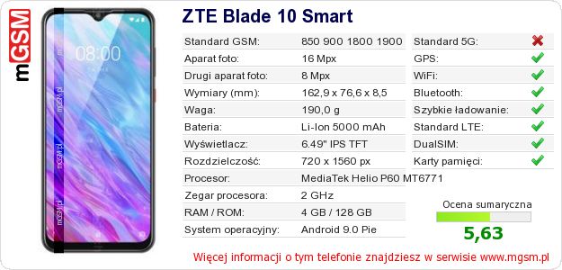 Dane telefonu ZTE Blade 10 Smart