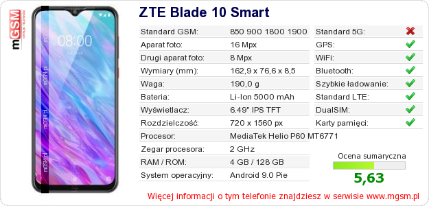 Dane telefonu ZTE Blade 10 Smart