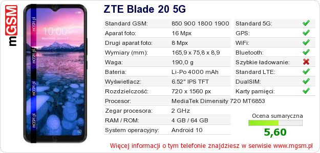 Dane telefonu ZTE Blade 20 5G