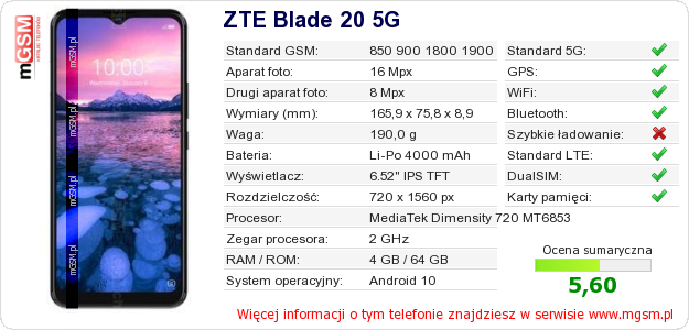 Dane telefonu ZTE Blade 20 5G