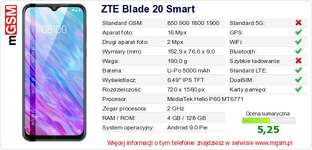 Dane telefonu ZTE Blade 20 Smart Dane telefonu ZTE Blade 20 Smart