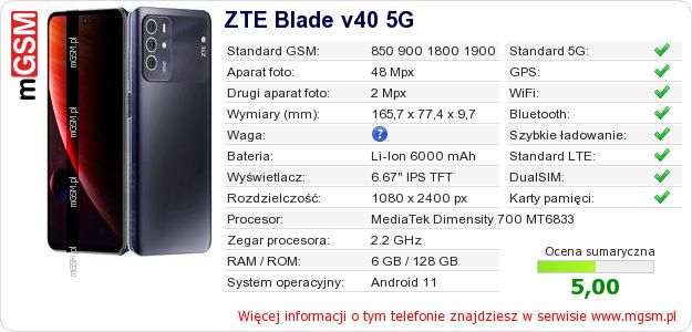 Dane telefonu ZTE Blade v40 5G Dane telefonu ZTE Blade v40 5G