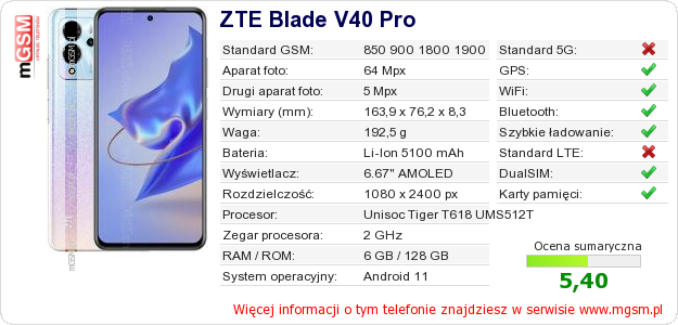 Dane telefonu ZTE Blade V40 Pro