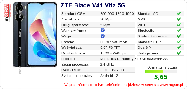 Dane telefonu ZTE Blade V41 Vita 5G Dane telefonu ZTE Blade V41 Vita 5G