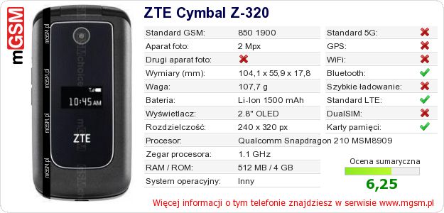 Dane telefonu ZTE Cymbal Z-320