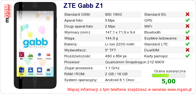 Dane telefonu ZTE Gabb Z1