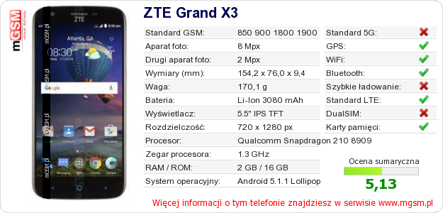 Dane telefonu ZTE Grand X3