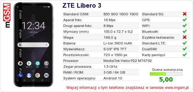 Dane telefonu ZTE Libero 3