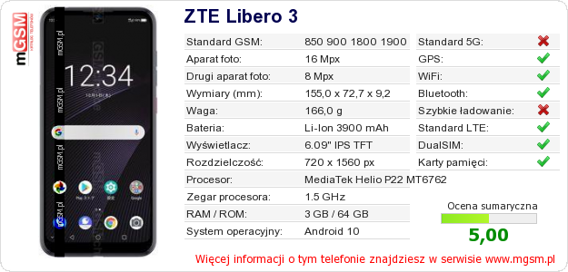 Dane telefonu ZTE Libero 3
