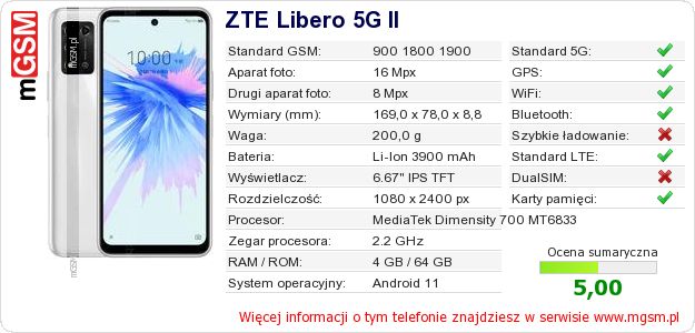 Dane telefonu ZTE Libero 5G II
