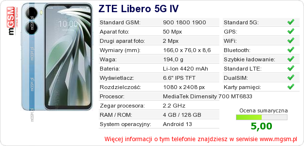 Dane telefonu ZTE Libero 5G IV