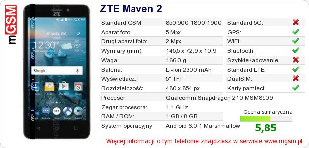Dane telefonu ZTE Maven 2
