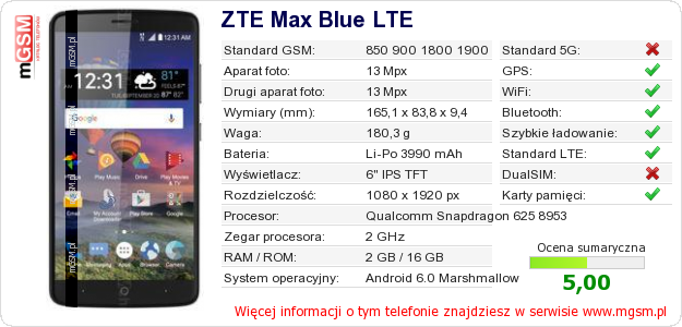 Dane telefonu ZTE Max Blue LTE