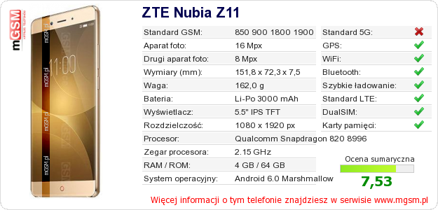 Dane telefonu ZTE Nubia Z11