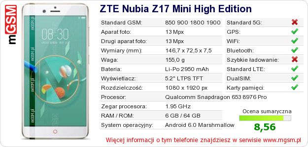 Dane telefonu ZTE Nubia Z17 Mini High Edition
