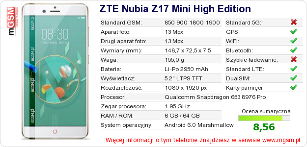Dane telefonu ZTE Nubia Z17 Mini High Edition