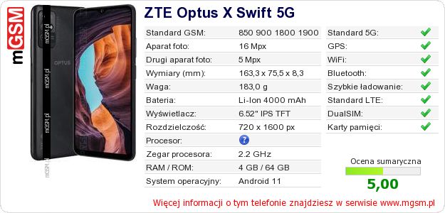 Dane telefonu ZTE Optus X Swift 5G