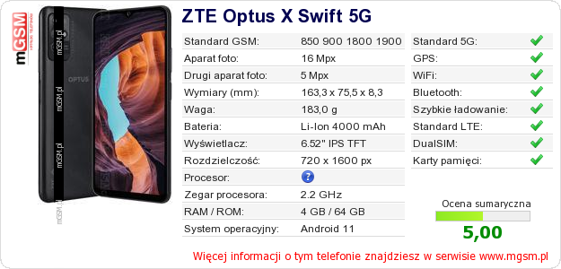 Dane telefonu ZTE Optus X Swift 5G