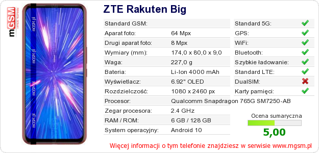 Dane telefonu ZTE Rakuten Big