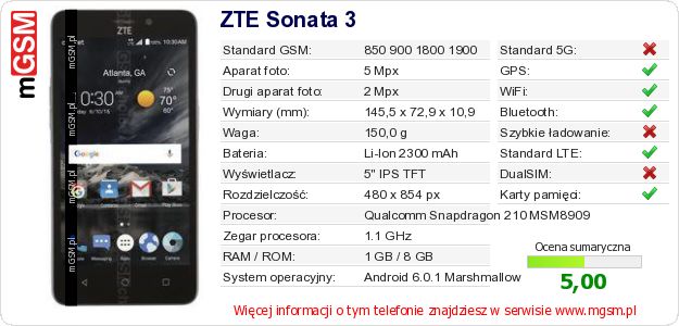 Dane telefonu ZTE Sonata 3