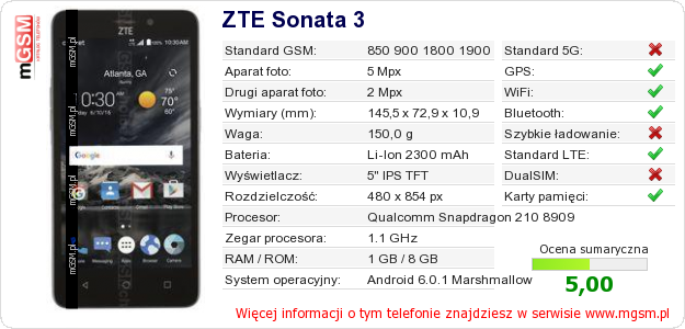 Dane telefonu ZTE Sonata 3