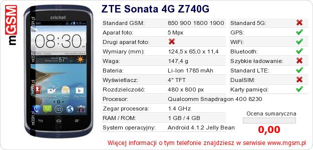 Dane telefonu ZTE Sonata 4G Z740G Dane telefonu ZTE Sonata 4G Z740G