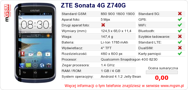 Dane telefonu ZTE Sonata 4G Z740G