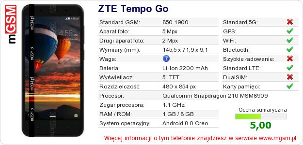 Dane telefonu ZTE Tempo Go