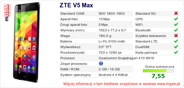 Dane telefonu ZTE V5 Max