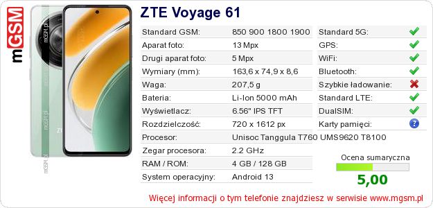 Dane telefonu ZTE Voyage 61