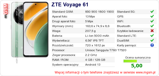 Dane telefonu ZTE Voyage 61