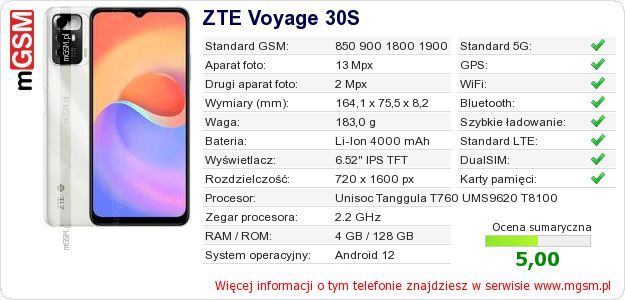 Dane telefonu ZTE Voyage 30S