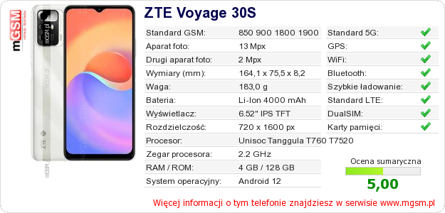 Dane telefonu ZTE Voyage 30S