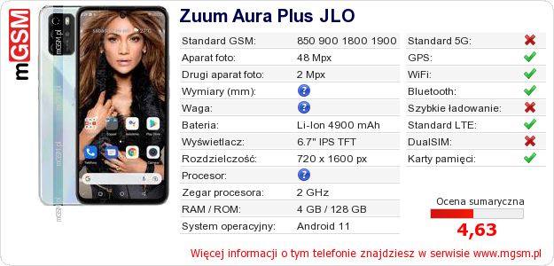 Dane telefonu Zuum Aura Plus JLO Dane telefonu Zuum Aura Plus JLO